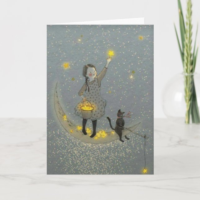 Girl and Cat On The Moon and Stars Holiday Card (Front)