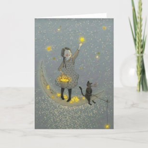 Girl and Cat On The Moon and Stars Holiday Card