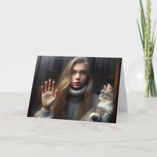 Girl and Cat Touching Glass Window Card