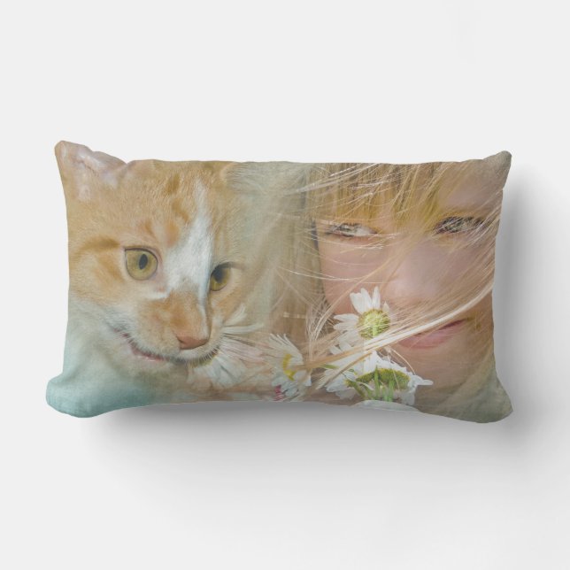 girl and cat with daisies lumbar pillow (Front)