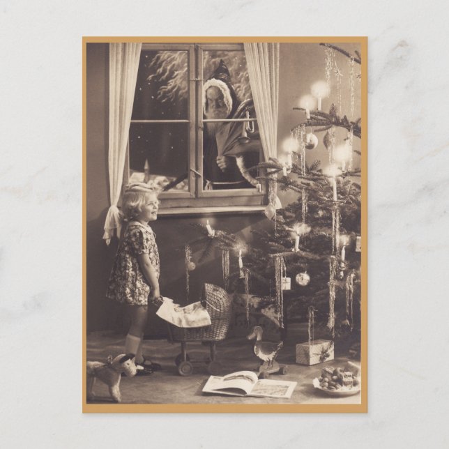 Girl and Christmas Tree Vintage Postcard (Front)