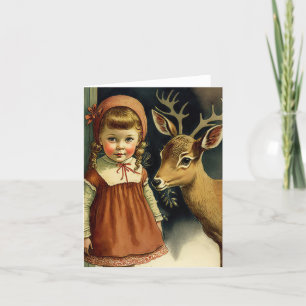 Girl and deer Christmas winter holiday card