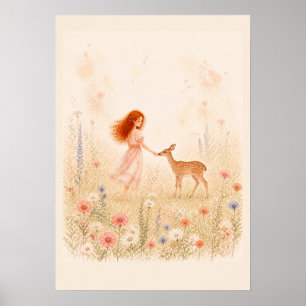 Girl and Deer in Wildflowers Poster