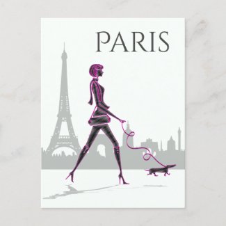 Girl and Dog Pink, Grey Paris Eiffel Tower Postcard