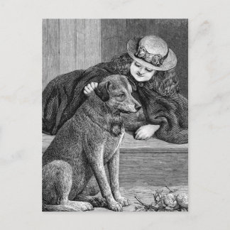 "Girl and Dog" Vintage Illustration Postcard
