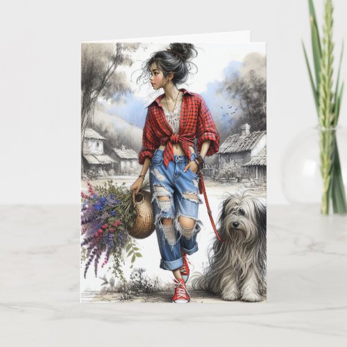 Girl and Dog With Flower Basket Card