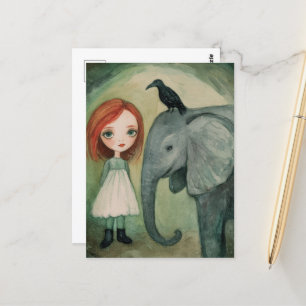 Girl and Elephant and Bird Postcard