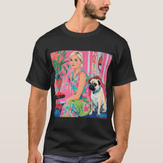 Girl and fawn pug in preppy interior T-Shirt