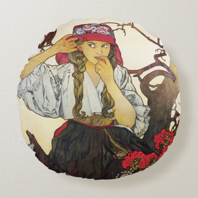 Girl and Geranium, Alphonse Mucha Throw Pillow (Front)