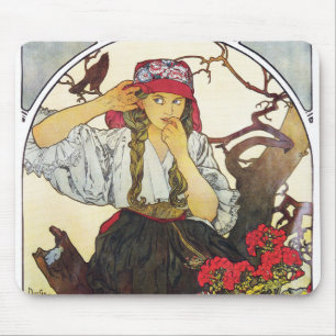 Girl and Geranium, Mucha Mouse Pad