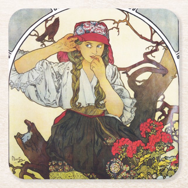 Girl and Geranium, Mucha Square Paper Coaster (Front)