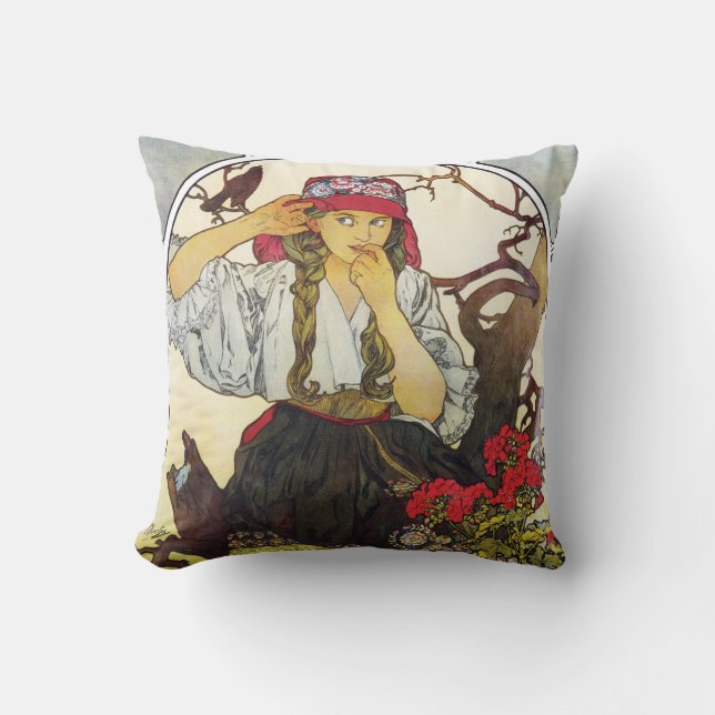 Girl and Geranium, Mucha Throw Pillow (Front)