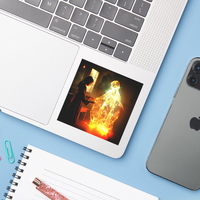 Girl and Ghost Sticker (Laptop w/ iPhone)