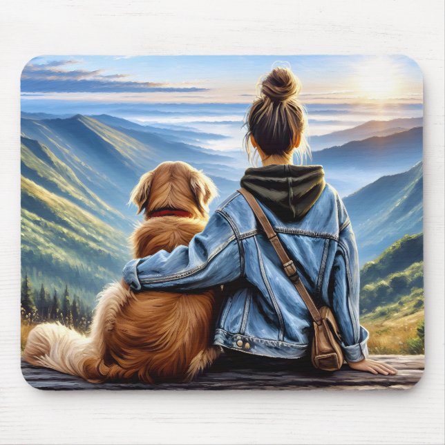 Girl and Golden Retriever Mountain Sunrise Mouse Pad (Front)