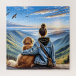 Girl and Golden Retriever On A Mountaintop Jigsaw Puzzle<br><div class="desc">Golden retriever and young girl looking at a sunrise over a mountain scene.</div>
