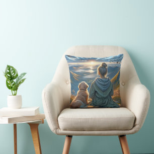 Girl and Golden Retriever On A Mountaintop Throw Pillow