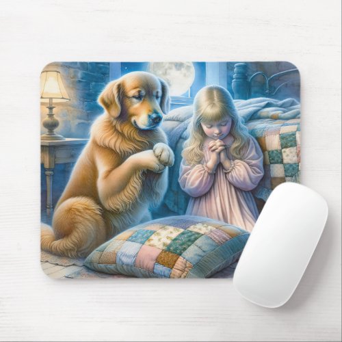 Girl and Golden Retriever Praying  Mouse Pad