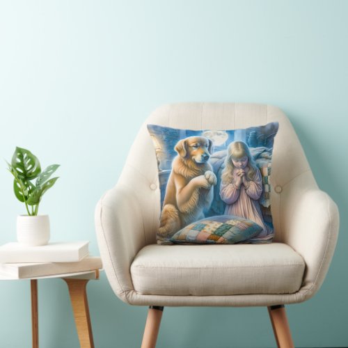 Girl and Golden Retriever Praying  Throw Pillow