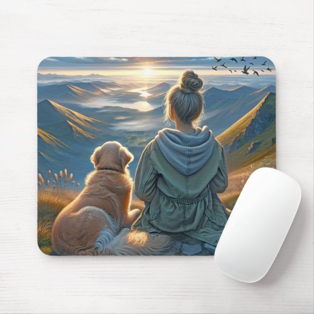 Girl and Golden Retriever Sunrise Mouse Pad (With Mouse)
