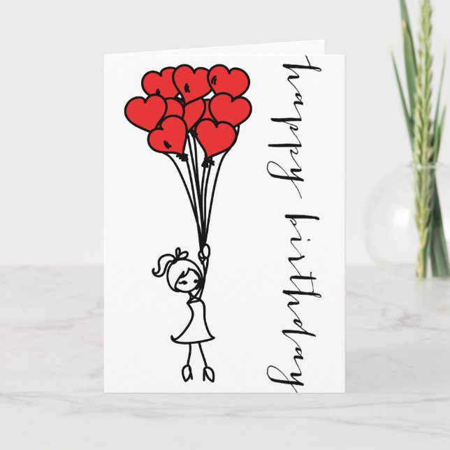 Girl and Heart Balloons Doodle Happy Birthday Card (Front)