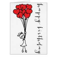 Girl and Heart Balloons Doodle Happy Birthday Card