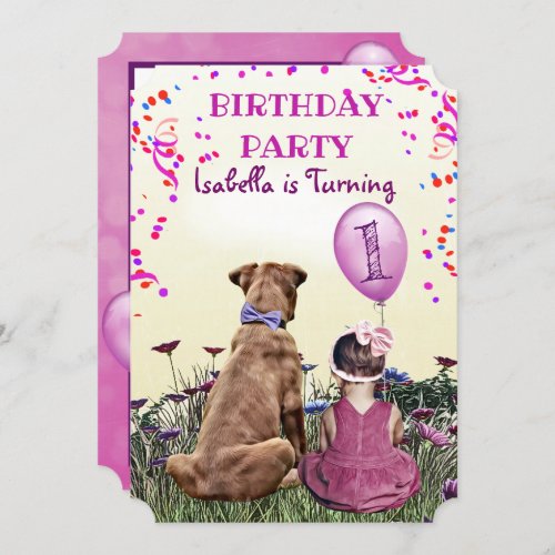 Girl  and her Dog Purple Birthday Party Invitation