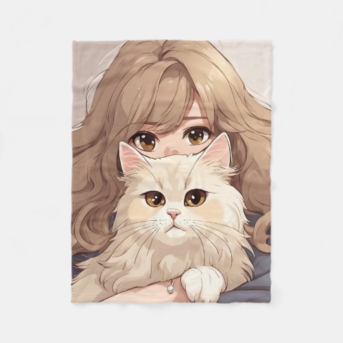 Girl and Her Kitty Cat Fleece Blanket