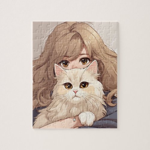 Girl and Her Kitty Cat Jigsaw Puzzle