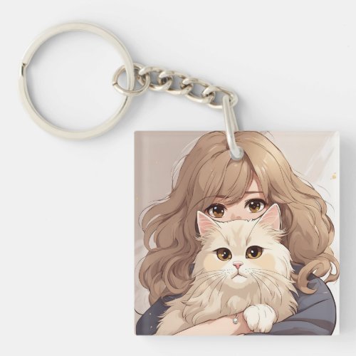 Girl and Her Kitty Cat Keychain