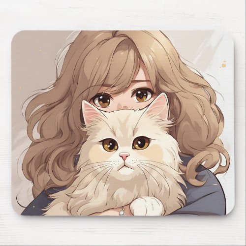 Girl and Her Kitty Cat Mouse Pad