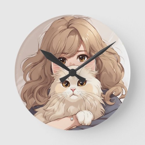 Girl and Her Kitty Cat Round Clock
