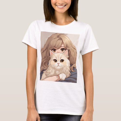 Girl and Her Kitty Cat T_Shirt