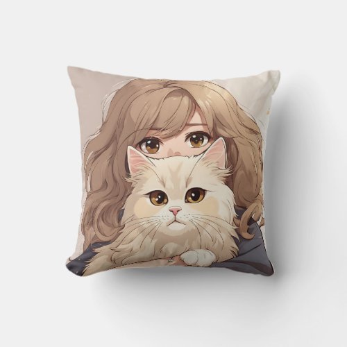 Girl and Her Kitty Cat Throw Pillow
