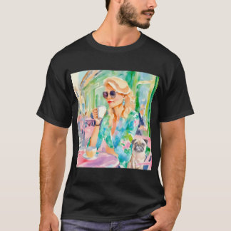 Girl and her pug in a Parisian cafe, watercolor pa T-Shirt
