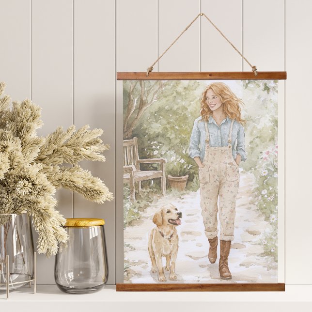 Girl and her Puppy Stroll through Spring Garden Hanging Tapestry (Creator Uploaded)