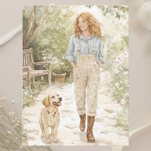 Girl and her Puppy Stroll through Spring Garden Holiday Postcard