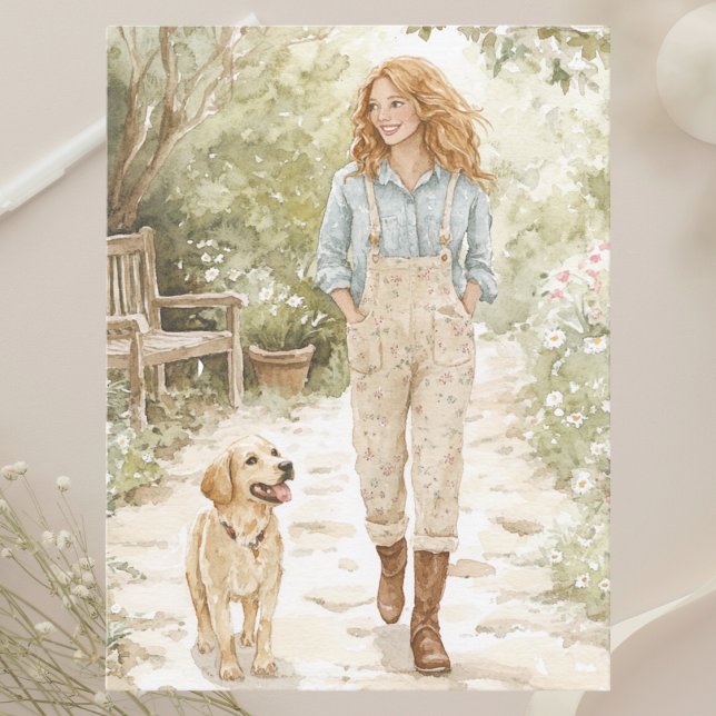 Girl and her Puppy Stroll through Spring Garden Holiday Postcard (Creator Uploaded)