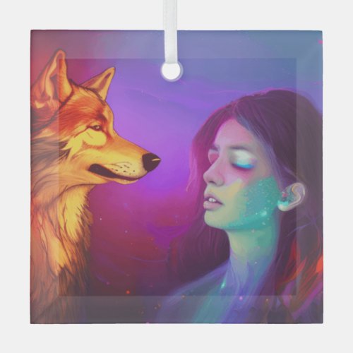 Girl and her Wolf AI Generated Fantasy Pop Art Glass Ornament