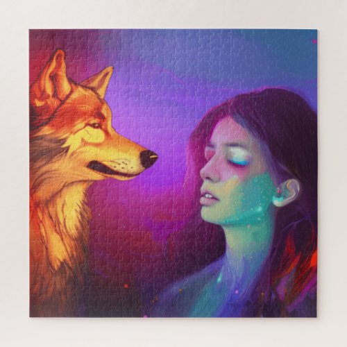 Girl and her Wolf AI Generated Fantasy Pop Art Jigsaw Puzzle