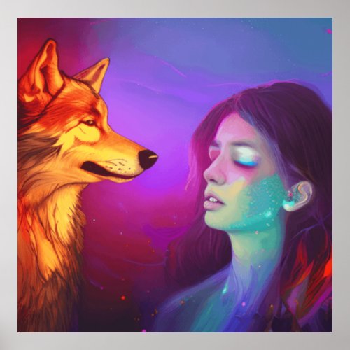 Girl and her Wolf AI Generated Fantasy Pop Art Poster
