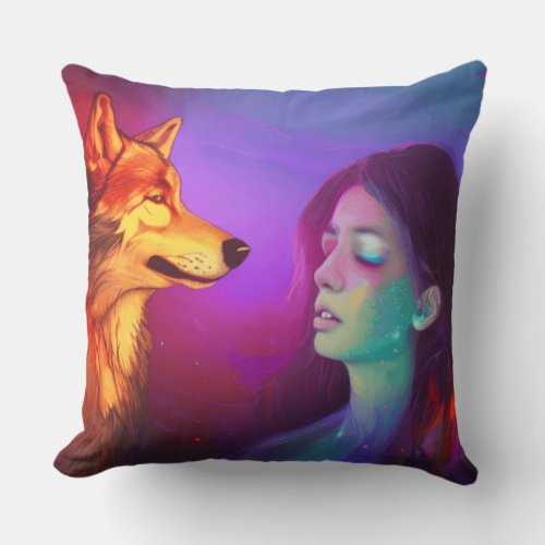 Girl and her Wolf AI Generated Fantasy Pop Art Throw Pillow