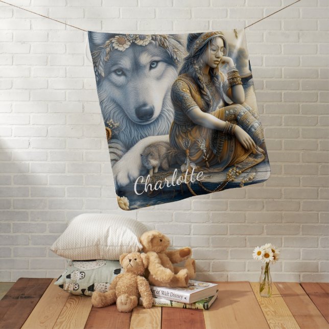 Girl and her wolf share a moment baby blanket (In Situ)