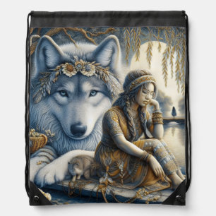 Girl and her wolf share a moment drawstring bag