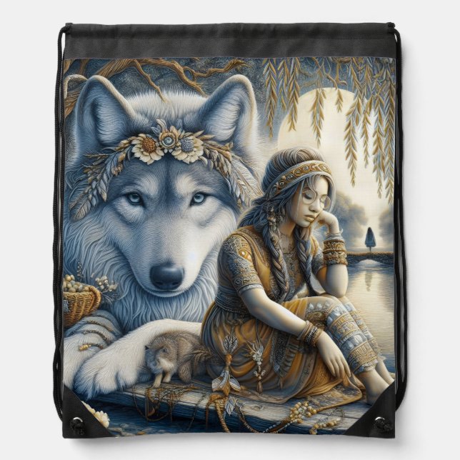 Girl and her wolf share a moment drawstring bag (Front)