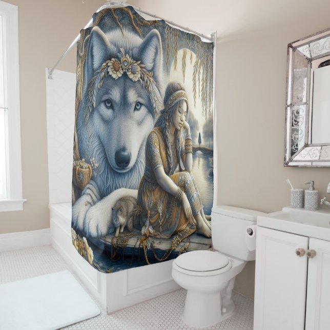 Girl and her wolf share a moment shower curtain (In Situ)