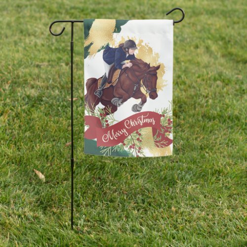 Girl and Horse Jumping Colorful Merry Christmas Garden Flag