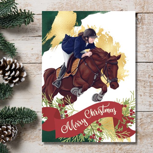 Girl and Horse Jumping Colorful Merry Christmas Holiday Card