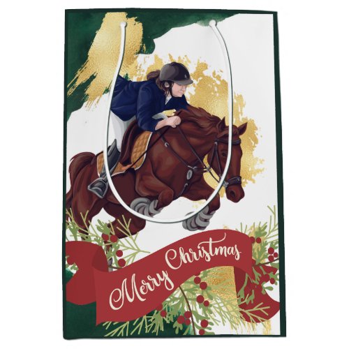 Girl and Horse Jumping Colorful Merry Christmas Medium Gift Bag