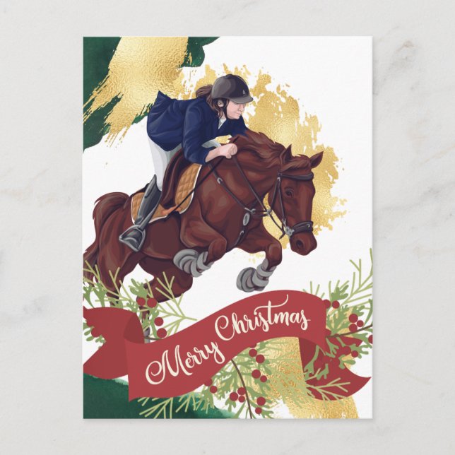 Girl and Horse Jumping Colorful Merry Christmas Postcard (Front)