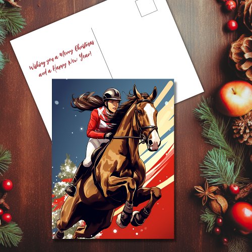Girl and Horse Jumping Equestrian Christmas Holiday Postcard
